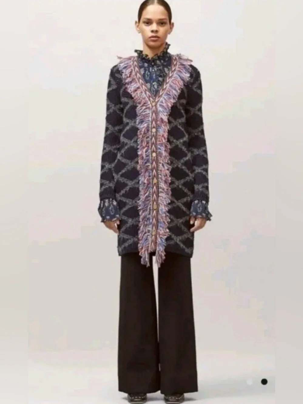 Tory Burch Tweed Trim Long Cardigan in Tory Navy Size XS
